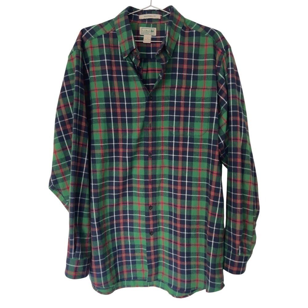 L. L. Bean Men's Flannel 100% Cotton Red Green Plaid Traditional Fit Button Down